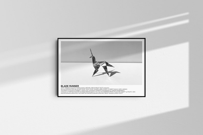 May include: Black and white minimalist poster featuring a folded paper origami unicorn with the title "Blade Runner" and movie credits below.