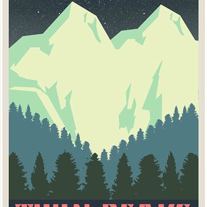 May include: A retro-style travel poster with a dark blue background featuring a silhouette of a mountain range with a forest in the foreground. The text "TWIN PEAKS" is in large, pink letters with a wavy line underneath and the words "Wonderful & Strange!" in smaller white letters.