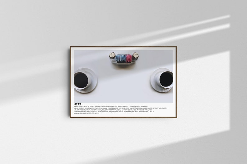 May include: A minimalist movie poster for the film "HEAT" featuring two white coffee cups with black coffee on a white surface. The cups are positioned symmetrically on either side of a small, clear, rectangular container with colorful sugar packets. The poster has a white background with black text.