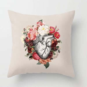 Floral Anatomy Heart Throw Pillow, Love,  anatomical heart, roses cushion, cute, sofa, bed, dorm