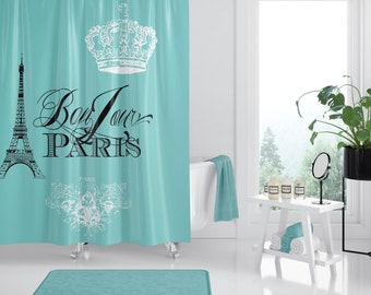 Paris France Teal Shower Curtain - Chic, french, crown, Eiffel Tower - home decor, bonjour bathroom