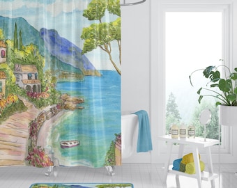 Seaside Town Shower Curtain - Mediterranean Scene - Fabric - village flowers, mountains, ocean, bathroom makeover