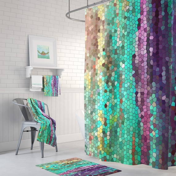 Teal And Purple Mosaic Shower Curtain Set Morning Has Broken Etsy