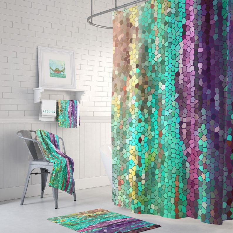 Teal And Purple Mosaic Shower Curtain Set Morning Has Broken Abstract Colorful Extended Sizes