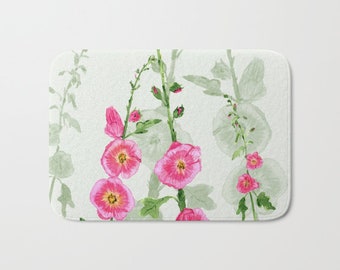 Hollyhock Floral Bath Mat -  Watercolor bloom, decor, pink green, Plush mat  pretty, spring