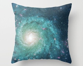 Galaxy Throw Pillow, Swirl, milky way, nebula, stars,  teal, aqua,  colorful, modern, outer space, pillows, cushions, throw pillow