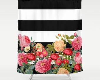 Black and White Stripe with floral Shower Curtain - Chic Designer Decor  - bold retro roses, bathroom, modern home, decor