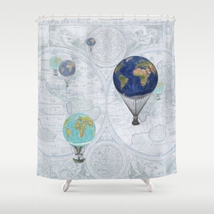 Hot Air Balloons Shower Curtain - Fanciful World Flight - Globes, airships, dreamy, pastels, world map, travel decor