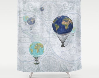 World Map Hot Air Balloon Shower Curtain: Whimsical Travel Decor