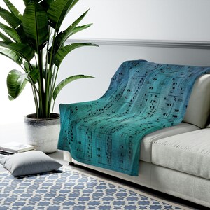 Music Throw Blanket  - Sheet music blanket throw  - teal, indigo  - aged,  decor,  cozy gift