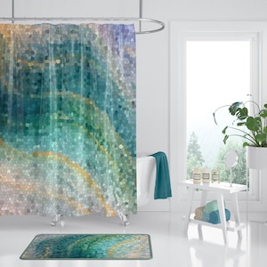 Mosaic Shower Curtain - Ocean Wave curtain "Distant Shores" Teal Aqua blue, artistic, ocean, waves, island travel,  sea, coastal decor bath