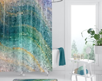 Mosaic Shower Curtain - Ocean Wave curtain "Distant Shores" Teal Aqua blue, artistic, ocean, waves, island travel,  sea, coastal decor bath