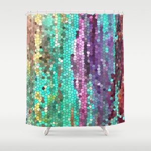 Beautiful Shower Curtain Teal and purple Mosaic, unique fabric , teal, purple, colorful, bathroom decor, art for the bathroom image 2