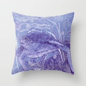 Periwinkle Sea Turtle Throw Pillow , cute, surfer style, blue violet purple ocean coral reef coastal cushion dorm, honu image 1