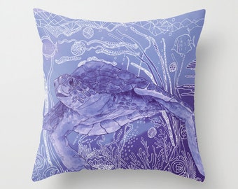 Periwinkle Sea Turtle Throw Pillow , cute, surfer style, blue violet purple ocean coral reef coastal cushion dorm, honu