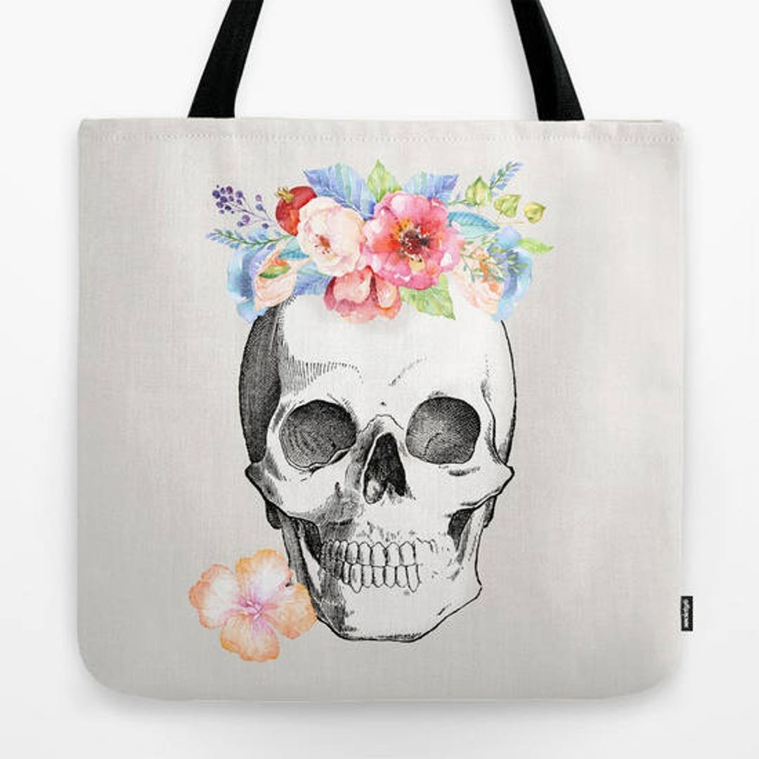 Floral Skull Tote Bag Skulls and Flowers Book Bag Travel - Etsy