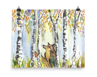 Woodland Fox Art Print: Watercolor Birch Tree Forest