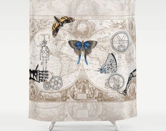 Steampunk Shower Curtain: Gears, Butterflies & Antique Map Design
