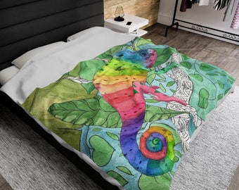 Rainbow Chameleon Velveteen Plush Blanket - fun reptile colorful blanket gift