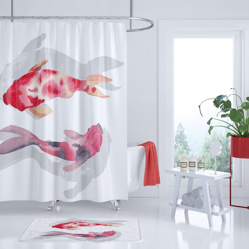 Two Koi Shower Curtain Set Pond Watercolor On White Orange Red Gray