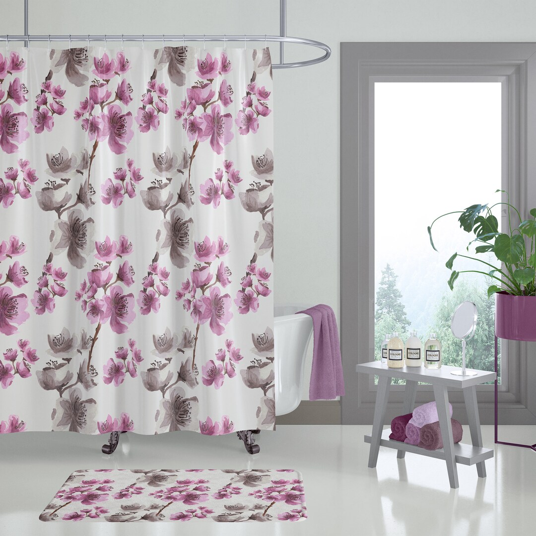 Cherry Blossom on Light Gold Fabric Shower Curtains Etsy