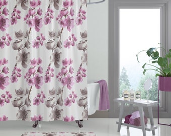 Cherry Blossom on Light Gold Fabric Shower Curtains