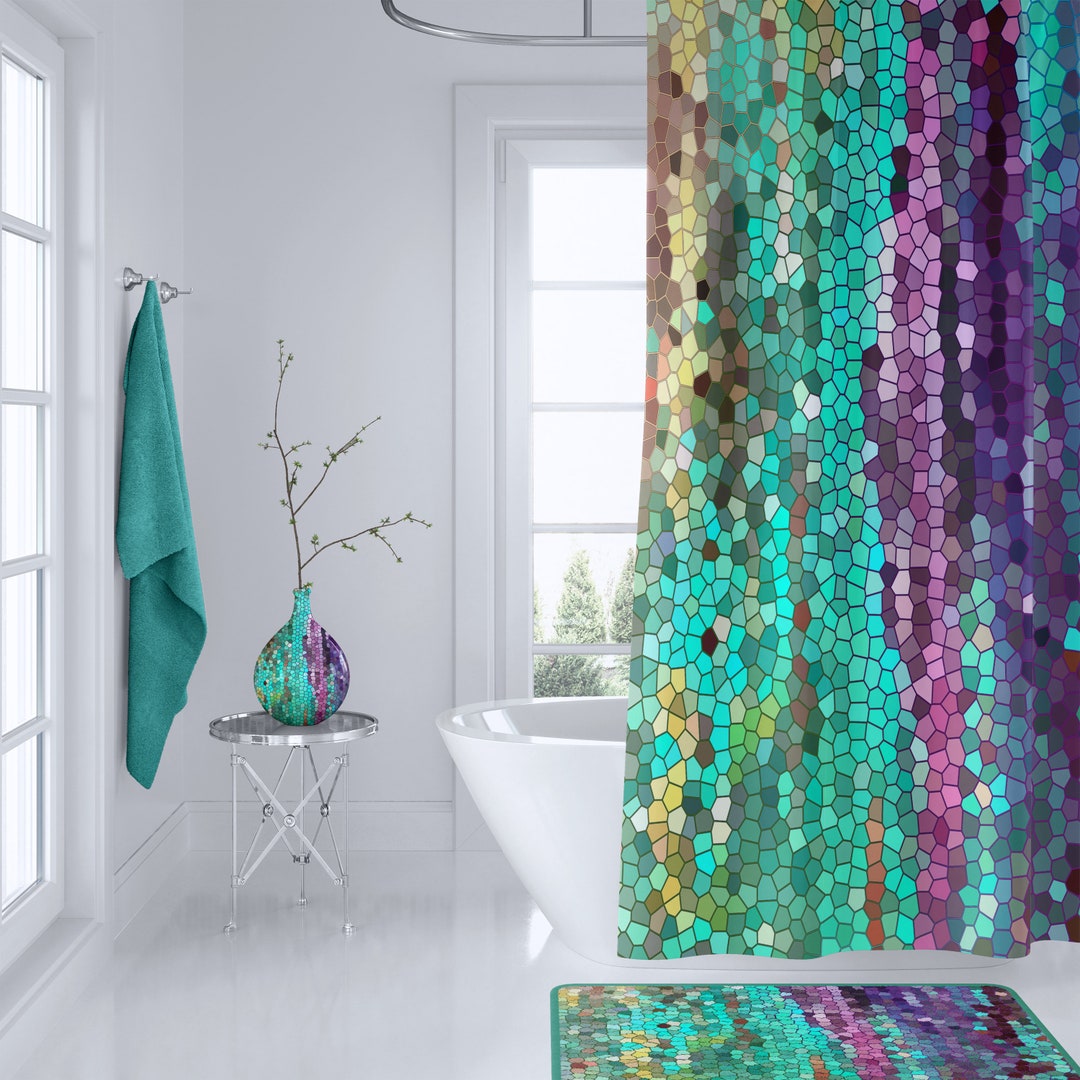 Beautiful Shower Curtain Teal and Purple Mosaic, Unique Fabric , Teal