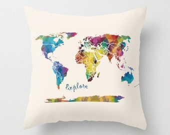 Explore Map Throw Pillow ,  geomtric map colorful, travel decor map,  cushion, cute, sofa, bed, dorm