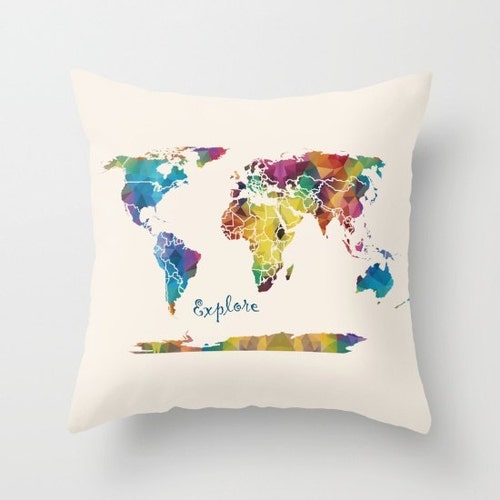 Explore Map Throw Pillow Geomtric Map Colorful Travel Decor Etsy