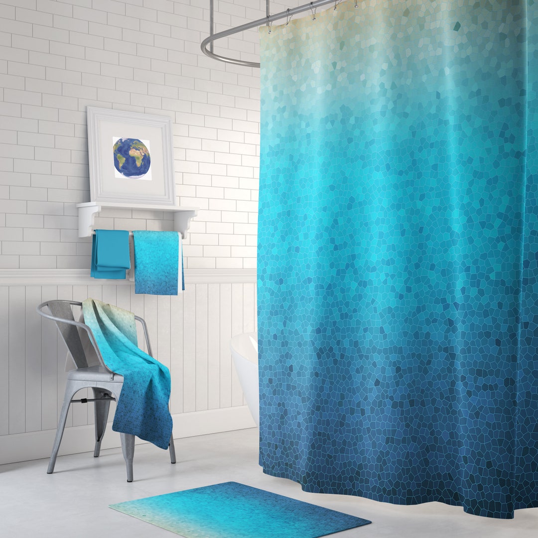 Sea Glass Mosaic Shower Curtain Set - Blue Ombre Mosaic Style Coastal ...