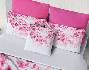 Pink Cherry Blossom Pillow Case: Watercolor Floral Bedroom Decor