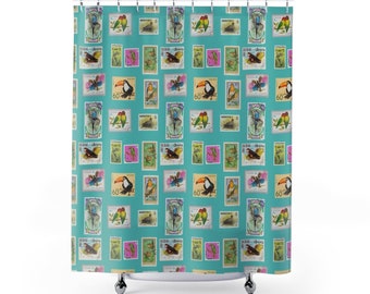 Bird Stamp Shower Curtains - Soft teal aqua, birds of the world