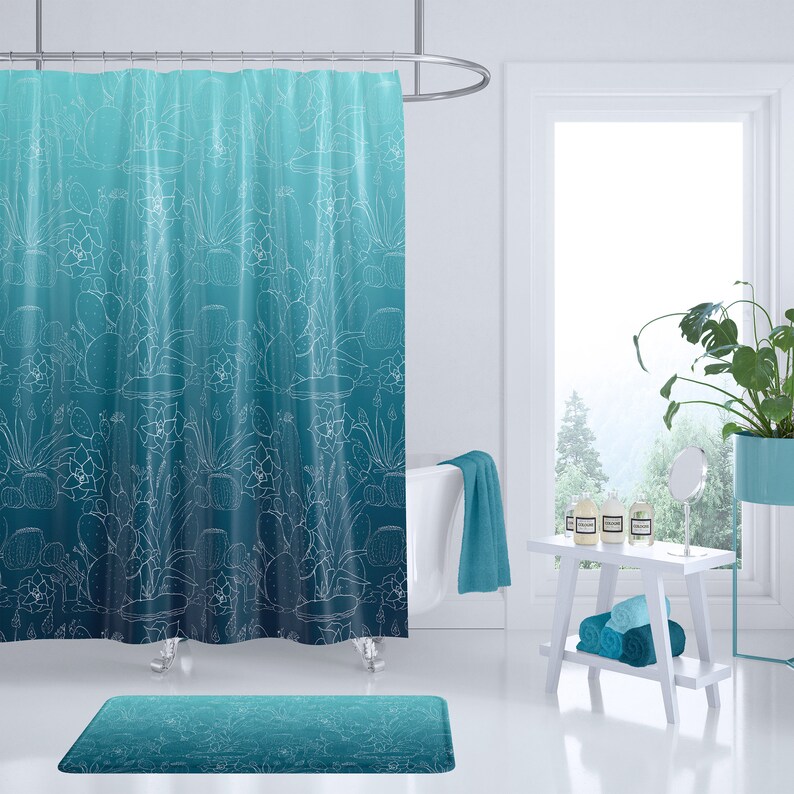 Southwest Teal Succulent Shower Curtains Southern Decor Etsy