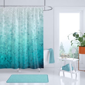 Sea Foam Shower Curtain Coastal Mosaic, fabric, aqua ocean, waves, shore, sea, art, coastal decor, bath, home image 2