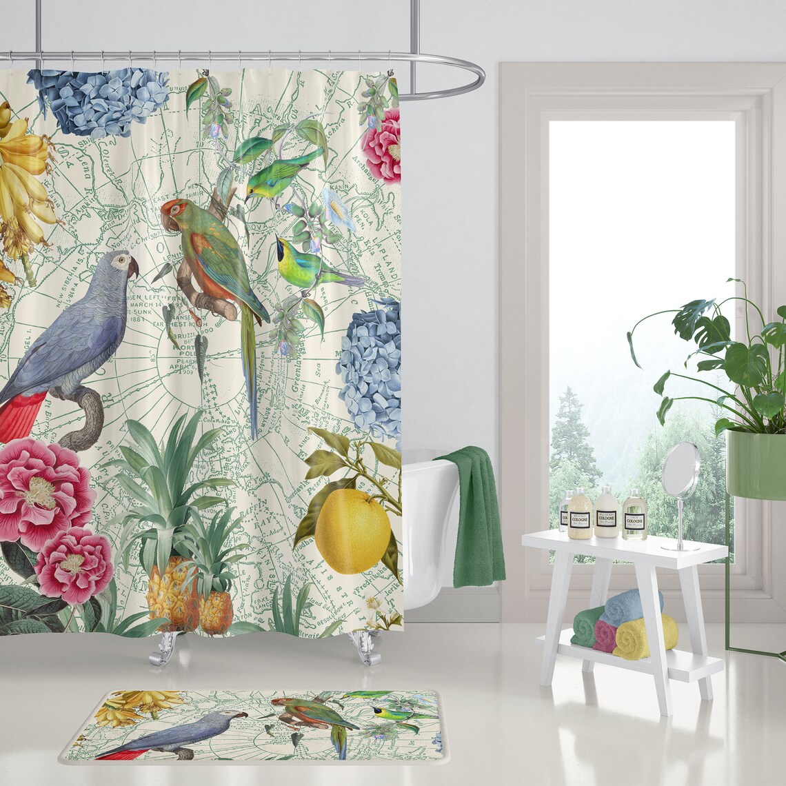 Tropical Parrot Shower Curtain on Cream Birds Flowers Etsy