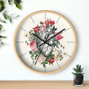 Anatomical Heart Wall clock - floral anatomy, love, timepiece