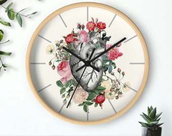 Anatomical Heart Wall clock - floral anatomy, love, timepiece