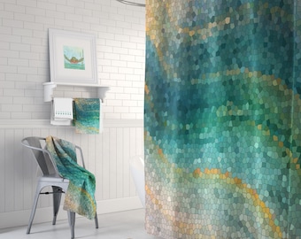 Ocean Mosaic Shower Curtain Set Distant Shores Wave Teal Green Shower Curtain Shower Set Extended Sizes Available Etsy UK