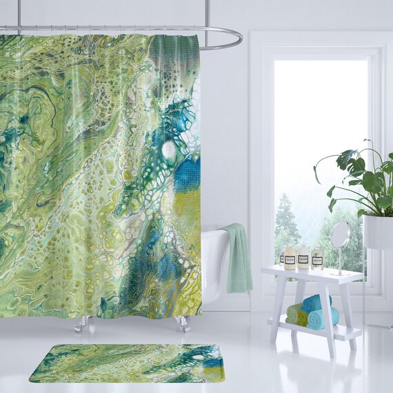 blue and green shower curtain