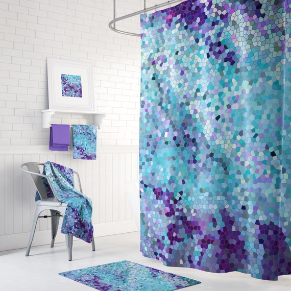 Blue And Purple Mosaic Shower Curtain, Bathroom Set With Shower Curtain