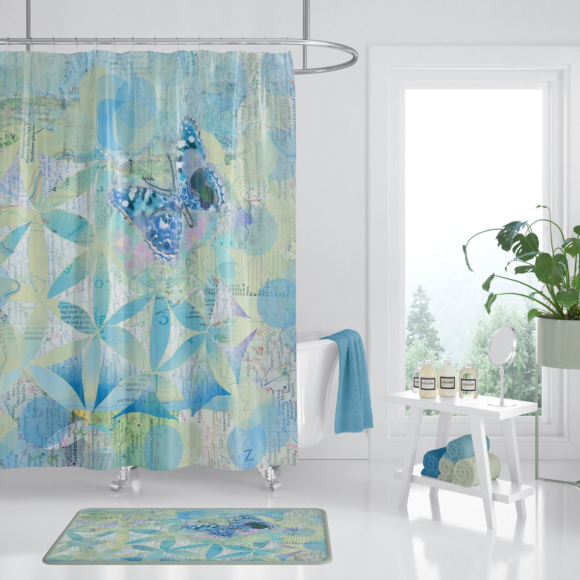 Butterfly Blue Fabric Shower Curtain Butterflies Pattern Etsy