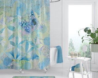 Butterfly Blue fabric Shower Curtain - Butterflies, pattern, unique, botanical floral