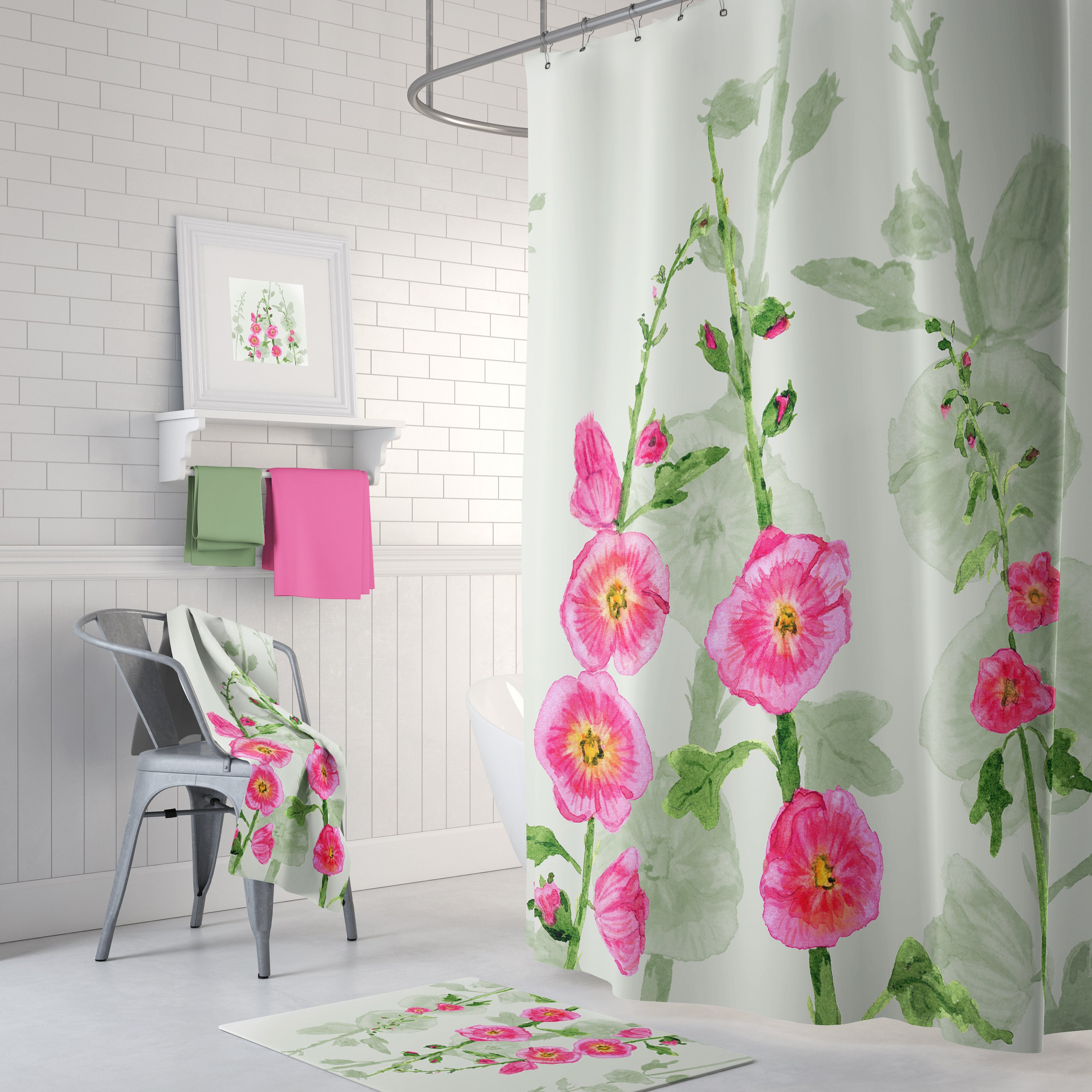 Bath Accessories Set Pink Flowers Shower Curtain Home Bath Decor