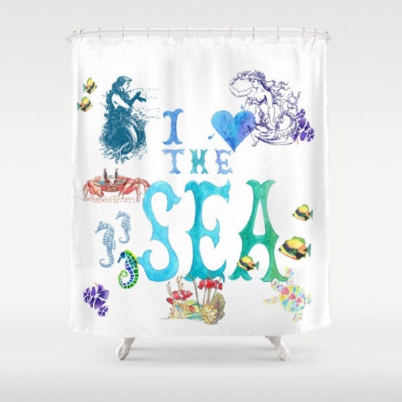 Turquoise Shower Curtain Mermaid With Seahorse Print for Bathroom