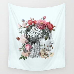 Beautiful Brain Blanket - anatomical brain with vintage roses on light blue throw blanket  inspiration, brain injury, depression, alzheimers