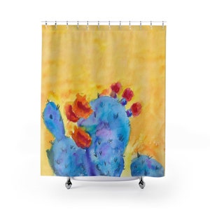 Flowering Cactus Shower Curtain - southwest desert, blue and yellow, watercolor
