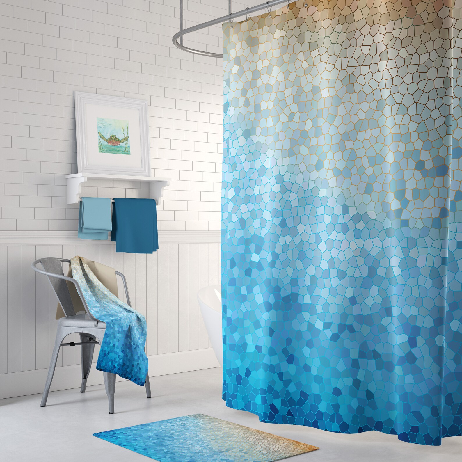 Blue and Gold Mosaic Shower Curtain Set Sunny Day Happy Etsy