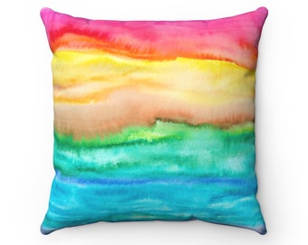 Watercolor Rainbow Square Pillow - spring happy colorful designer accent cushion