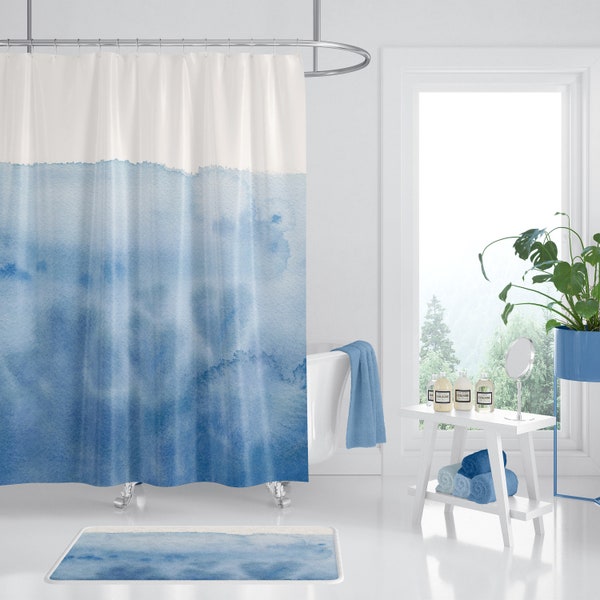 Blue Watercolor Shower Curtain - Waves of Love , unique,blue, hearts, dip dye look , ocean, coastal,  painted, colorful, decor, home