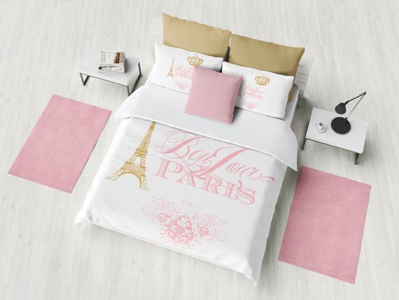 Bonjour Paris Duvet Cover Or Comforter Pink White Gold Etsy